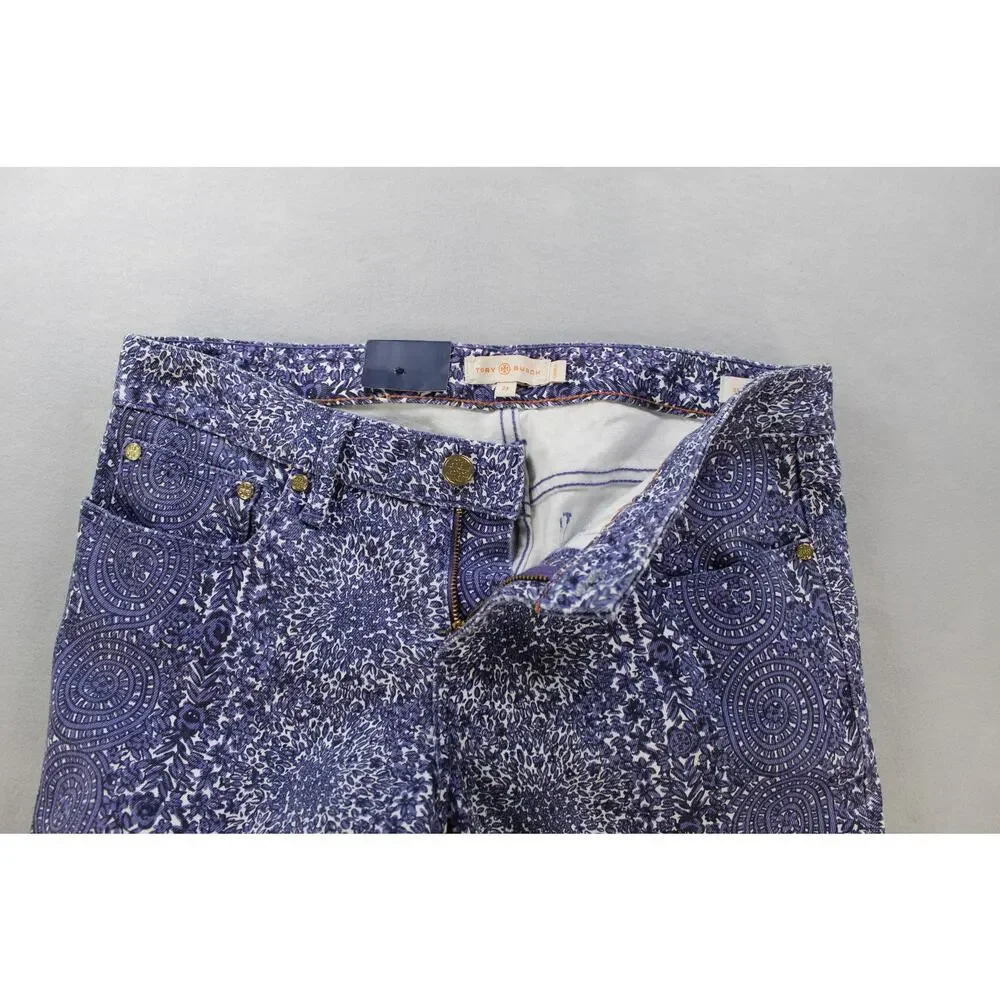 Tory Burch Ivy Super Skinny Jeans Womens 29 Blue Abstract Low Rise